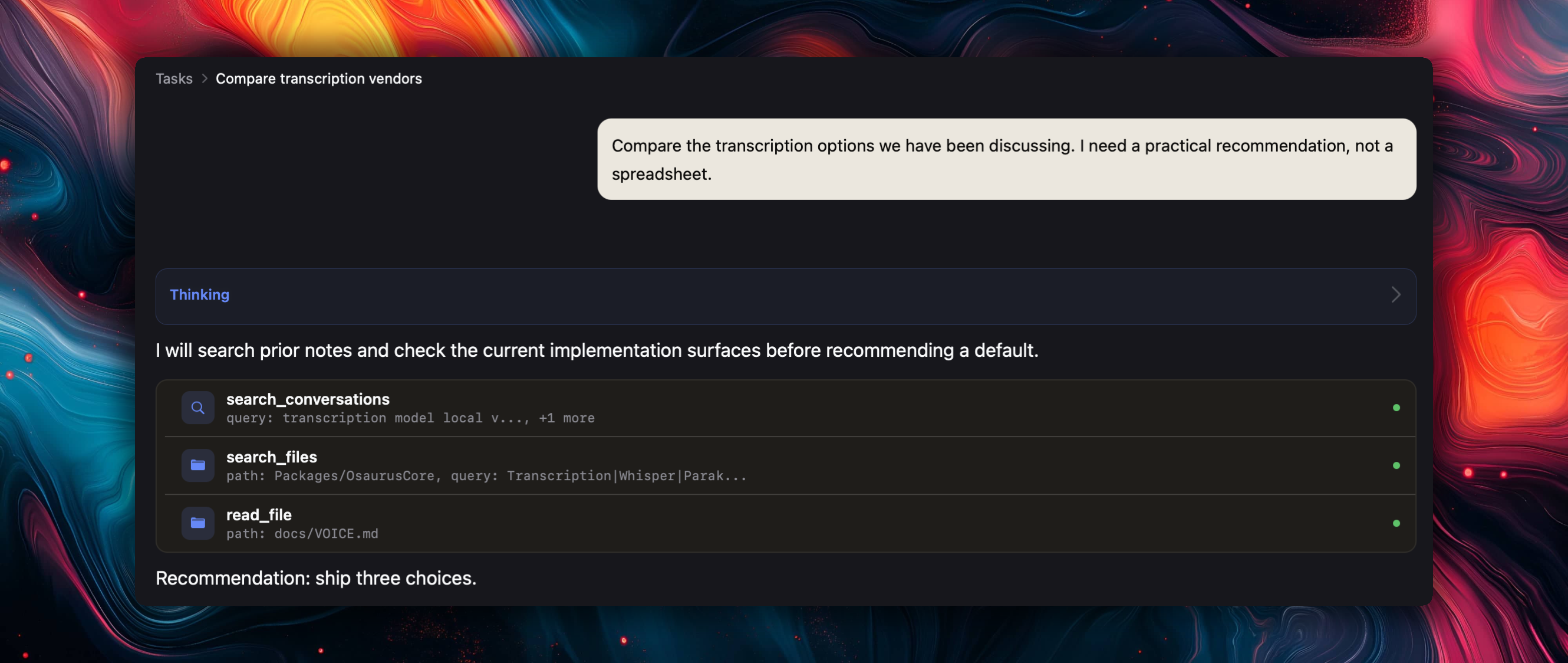 A Darius agent showing its reasoning and tool calls while researching a task
