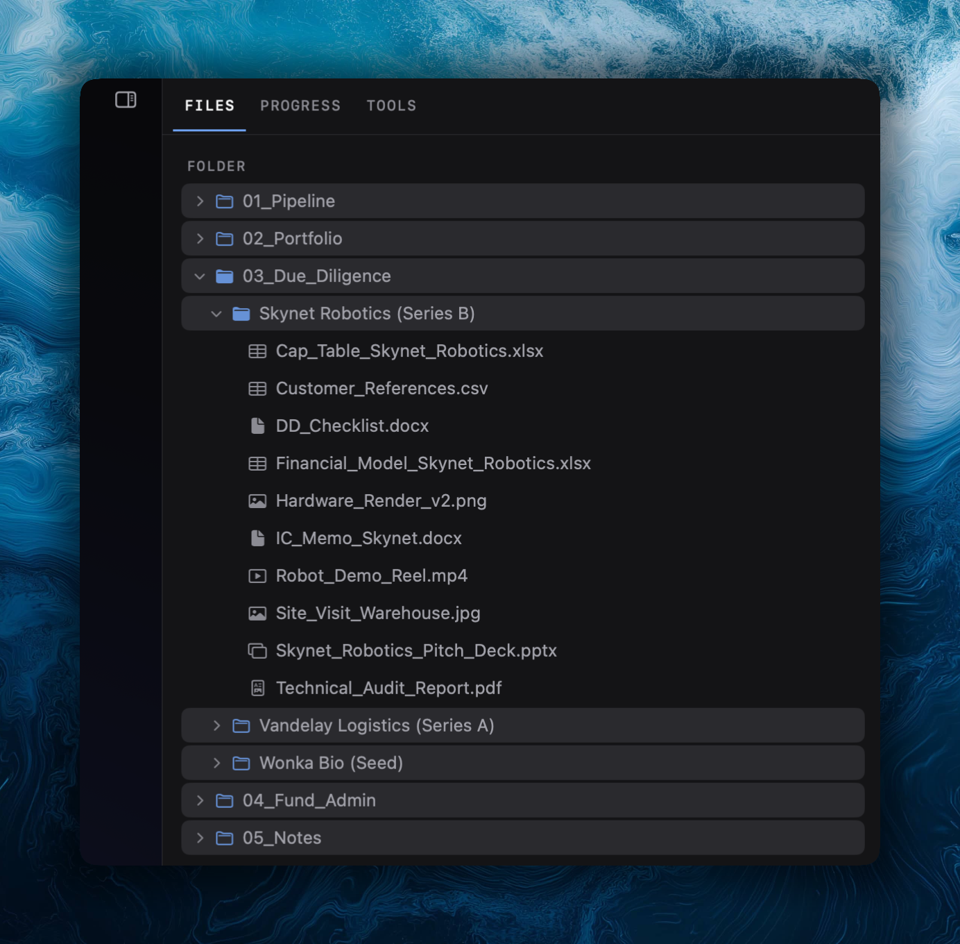 Darius file browser showing folders and documents indexed from the Mac