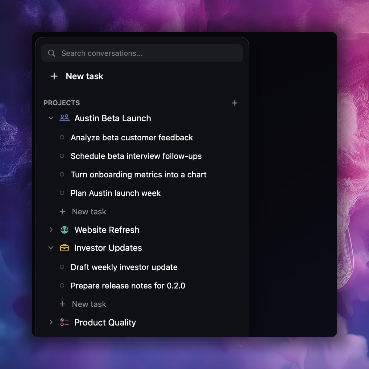 Darius sidebar with projects and tasks organized per initiative
